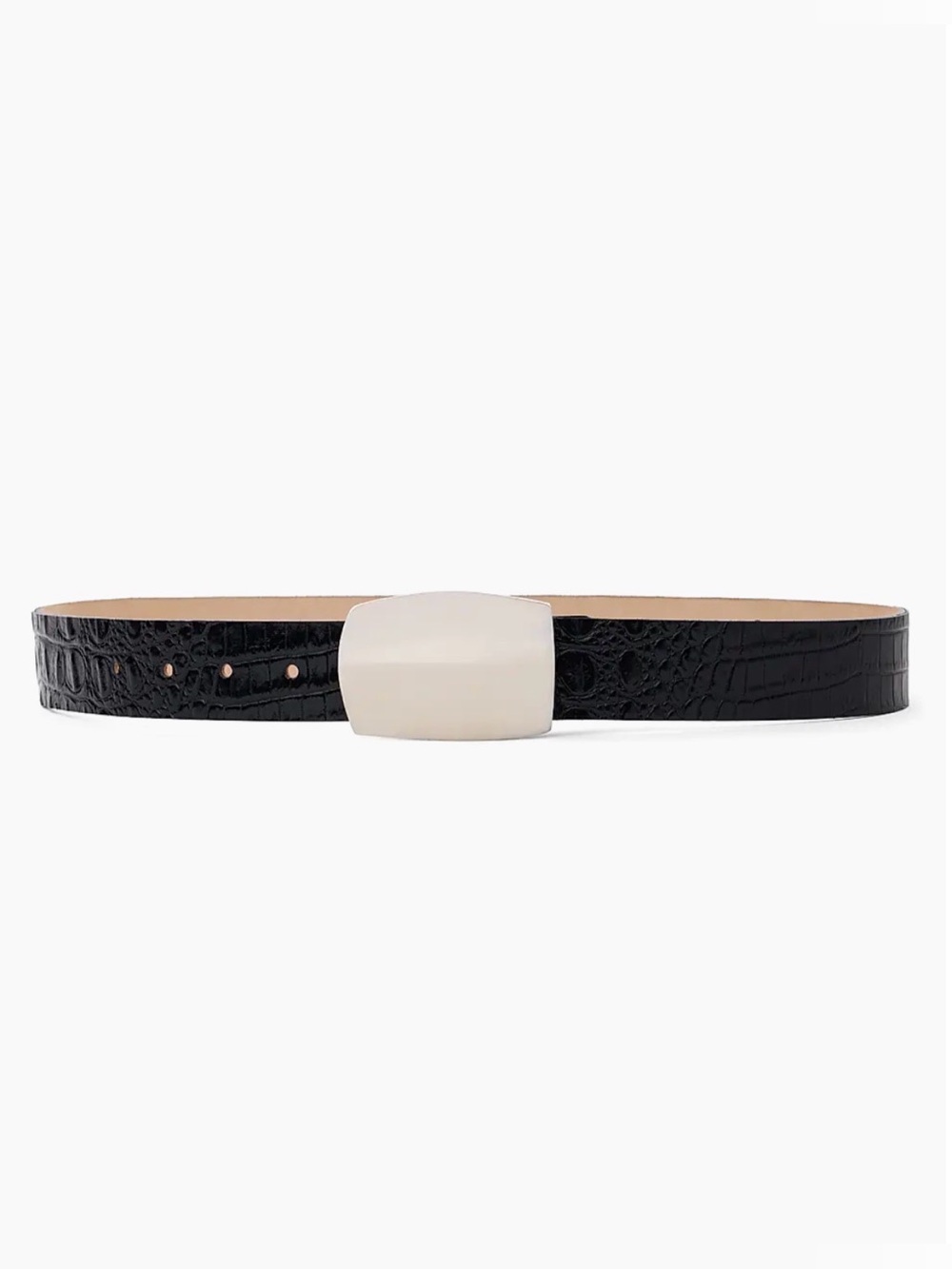 L'AGENCE Black Croc-Embossed Belt with Cream Statement Buckle
